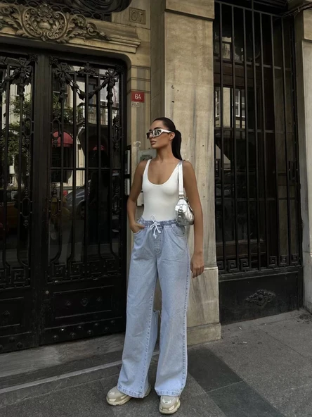 Kadın Arkadan Yırtmaçlı Jeans Kot Palazzo Pantolon - Mavi - 5