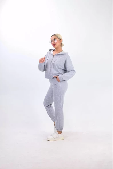 iki iplik Kapüşonlu Fermuarlı Crop Oversize Hırka Takım- gri - 2