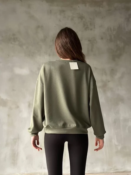 Osy Modal Yumuşak dokulu Kumaş Bisiklet Yaka Oversize Sweatshirt - Haki - 2