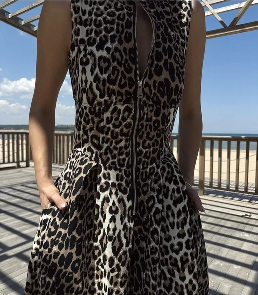 Leopar Desenli Fermuarlı Cepli Pileli Kadın Midi Elbise- Leopar - 6