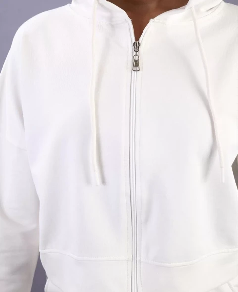 iki iplik Kapüşonlu Fermuarlı Crop Oversize Hırka Takım- Beyaz - 4