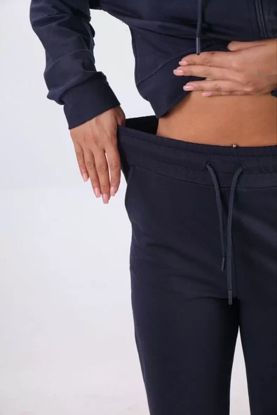 iki iplik Kapüşonlu Fermuarlı Crop Oversize Hırka Takım- Lacivert - 5