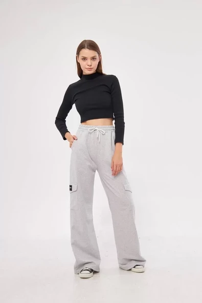 Kargo Cepli Palazzo Oversize Kesim İki iplik Bol Paça Eşofman Altı Pantalon - Gri - 5