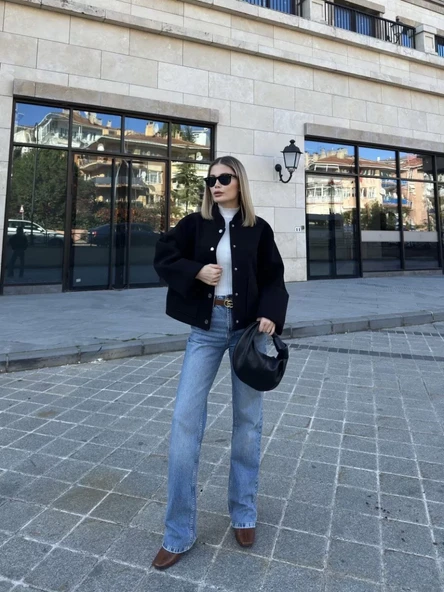 Kaşe Kaşmir Cıt Cıt Detaylı Yama Cepli Bomber Ceket - Siyah - 4