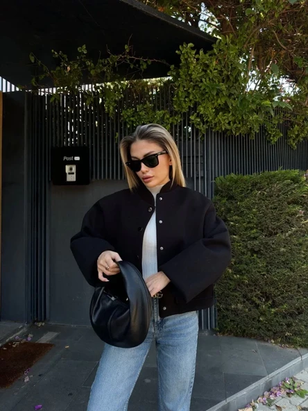 Kaşe Kaşmir Cıt Cıt Detaylı Yama Cepli Bomber Ceket - Siyah - 2