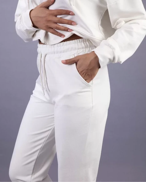 iki iplik Kapüşonlu Fermuarlı Crop Oversize Hırka Takım- Beyaz - 3