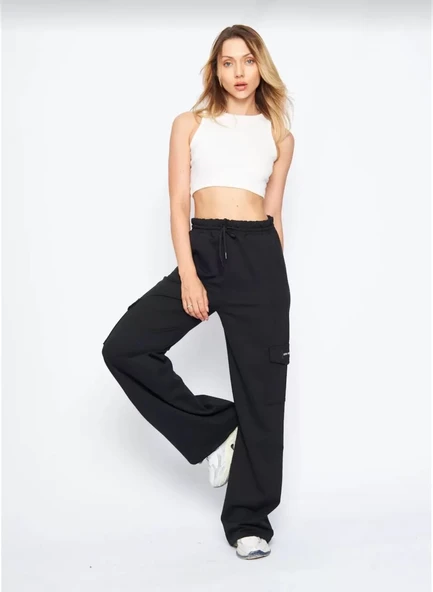 Kargo Cepli Palazzo Oversize Kesim İki iplik Bol Paça Eşofman Altı Pantalon - Siyah - 8