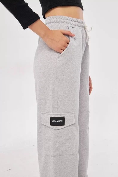 Kargo Cepli Palazzo Oversize Kesim İki iplik Bol Paça Eşofman Altı Pantalon - Gri - 7