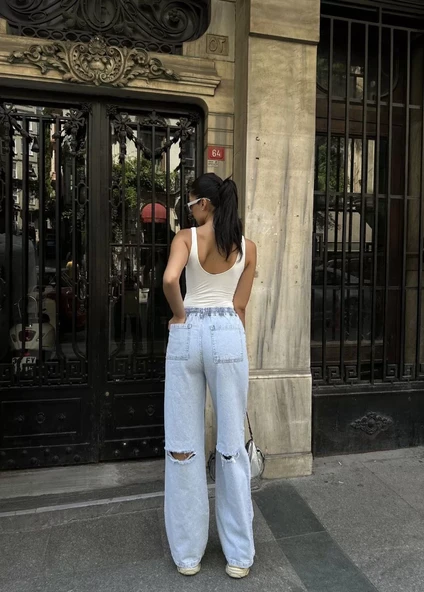 Kadın Arkadan Yırtmaçlı Jeans Kot Palazzo Pantolon - Mavi - 7