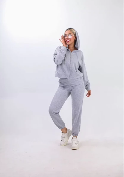 iki iplik Kapüşonlu Fermuarlı Crop Oversize Hırka Takım- gri - 3