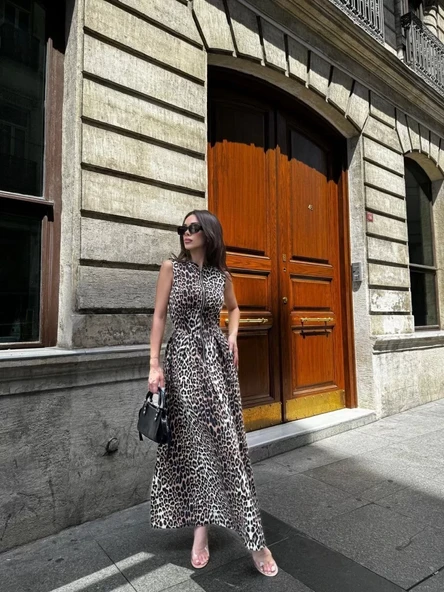 Leopar Desenli Fermuarlı Cepli Pileli Kadın Midi Elbise- Leopar - 5