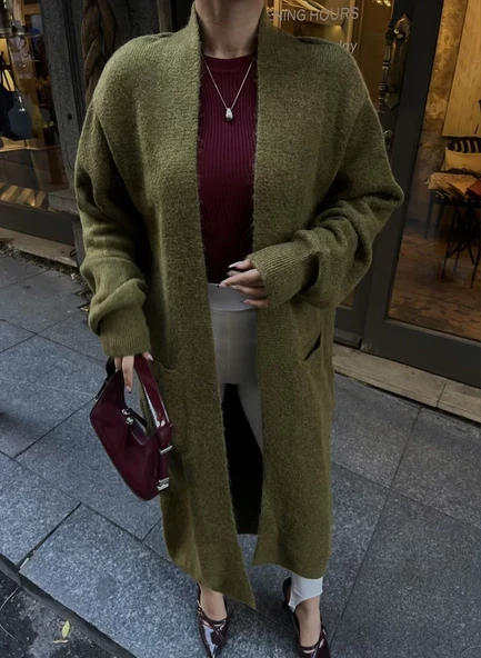 Triko Cepli Uzun Hırka- Haki - 3