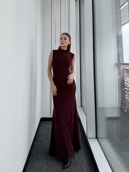 Kolsuz Yarım Bogazlı Uzun Elbise- Bordo - 5