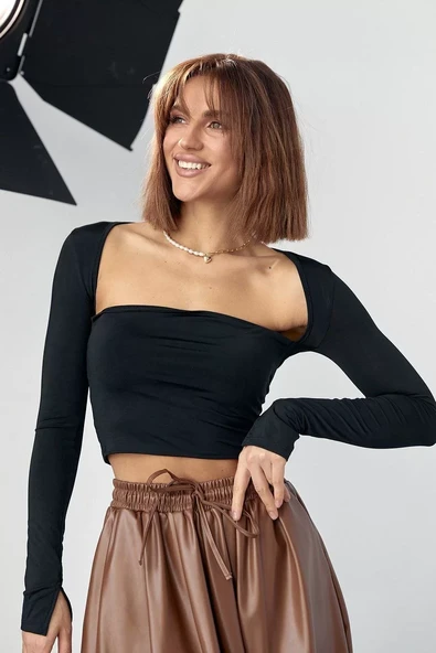 Kara Yaka Uzun Kollu Crop - Siyah - 4