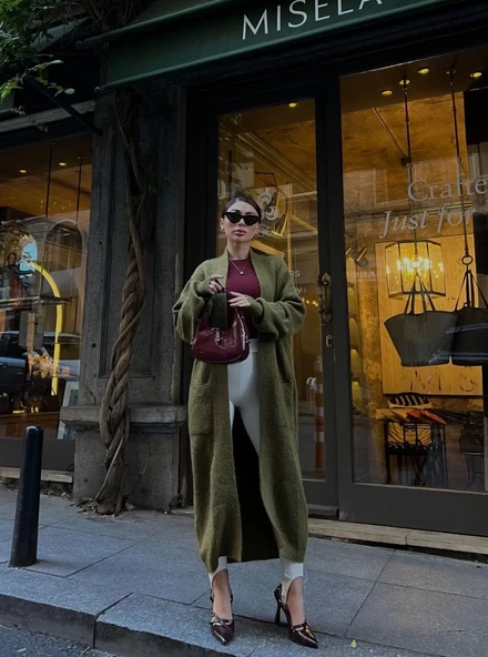 Triko Cepli Uzun Hırka- Haki - 2