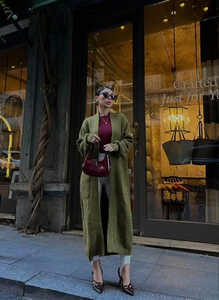 Triko Cepli Uzun Hırka- Haki - 4