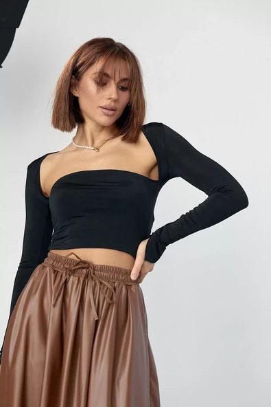 Kara Yaka Uzun Kollu Crop - Siyah - 6