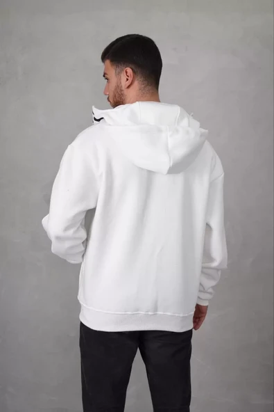 Samuray Kapşonlu ZIP Fermuarlı Çift Kapşonlu Nakışlı SweatShirt- Beyaz - 7