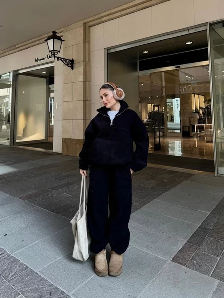 Kalın Polar Yakalı Fermuarlı Sweat Pantalonlu Takım - Siyah - 6
