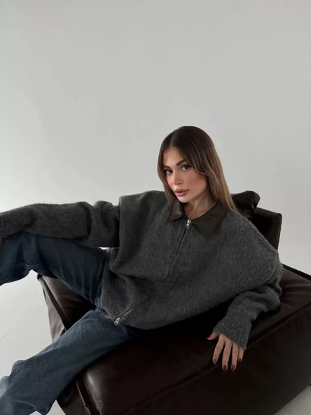 Deri Yakalı Pamuk dokulu Çift Taraflı Çalışan Fermuar Ceket - Füme - 2