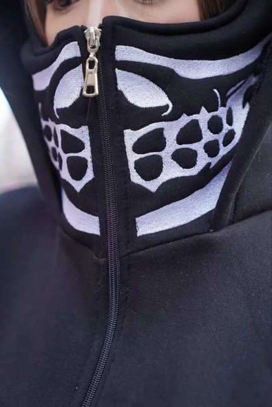 Samuray Kapşonlu ZIP Fermuarlı Çift Kapşonlu Nakışlı SweatShirt- Siyah - 5
