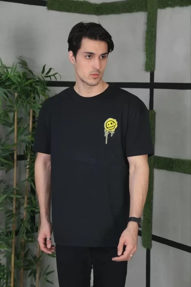 Unisex Bisiklet Yaka Baskılı Oversize T-Shirt - Siyah - 2