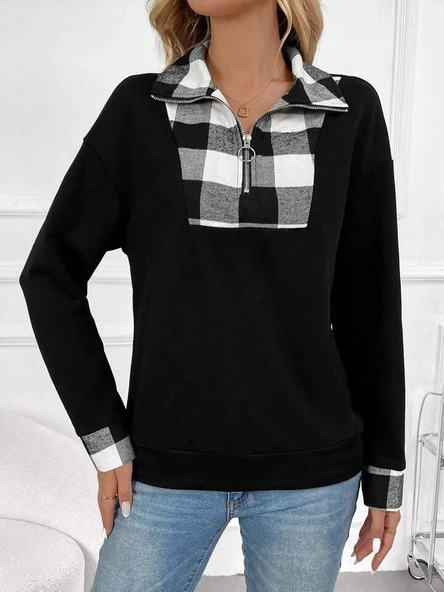 Kadın Uzun Kollu Yakalı önden Fermuarlı Ekose Detaylı Viskon Iki Iplik Bluz - 6