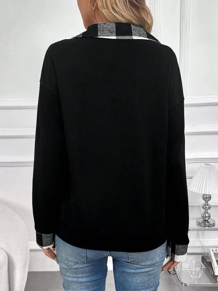 Kadın Uzun Kollu Yakalı önden Fermuarlı Ekose Detaylı Viskon Iki Iplik Bluz - 7