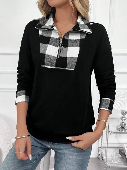 Kadın Uzun Kollu Yakalı önden Fermuarlı Ekose Detaylı Viskon Iki Iplik Bluz - 8