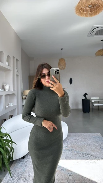 Kadın Yarım Balıkçı Yaka Süet Kumaş Fırsat ürün Midi Boy Elbise - 5