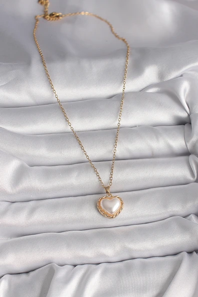 316L Çelik Gold Renk Zincir 3D İnci Kalp Model Kadın Kolye ürün görseli 1