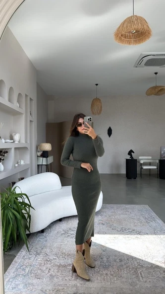 Kadın Yarım Balıkçı Yaka Süet Kumaş Fırsat ürün Midi Boy Elbise - 4