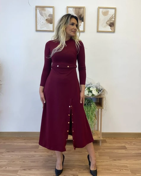 Kadın Uzun Kollu çıtçıtlı Viskon Krop Bluz Ve Yırtmaçlı Etek Istenildiğinde Elbise Olan Ikili Takım - 7