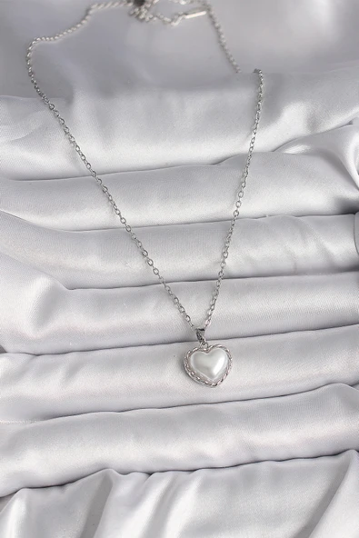 316L Çelik Gümüş Renk Zincir 3D İnci Kalp Model Kadın Kolye - 2