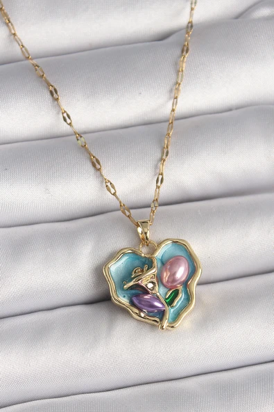 316L Çelik Gold Renk Zincir Kalp Gül Portre Model Kadın Kolye