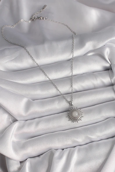 316L Çelik Gümüş Renk Zincir Beyaz Mineli Güneş Model Kadın Kolye - 2