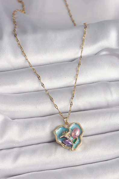 316L Çelik Gold Renk Zincir Kalp Gül Portre Model Kadın Kolye - 2