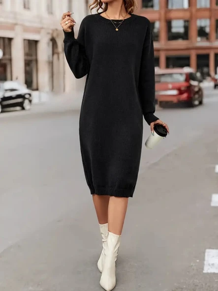 Kadın Uzun Kollu Bisiklet Yaka Yandan Yırtmaçlı Midi Triko Elbise - 4