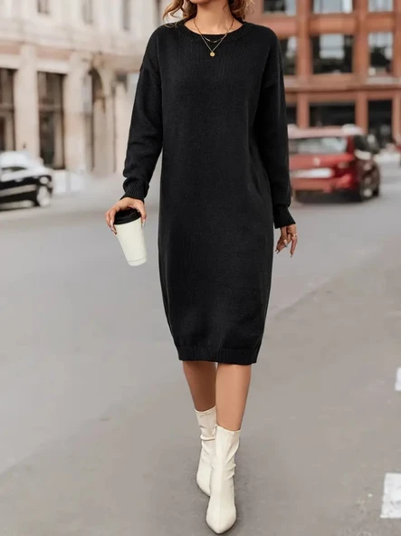 Kadın Uzun Kollu Bisiklet Yaka Yandan Yırtmaçlı Midi Triko Elbise - 2