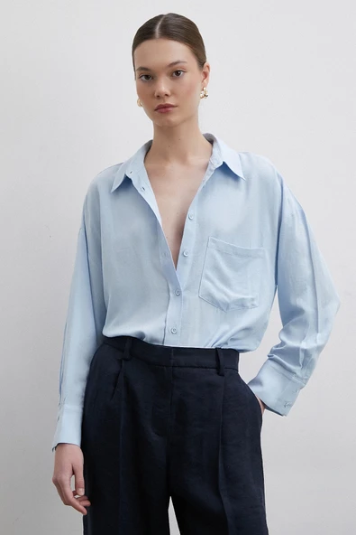 Keten Görünümlüı Linen Prunes Gömlek Mavi - Resim 4