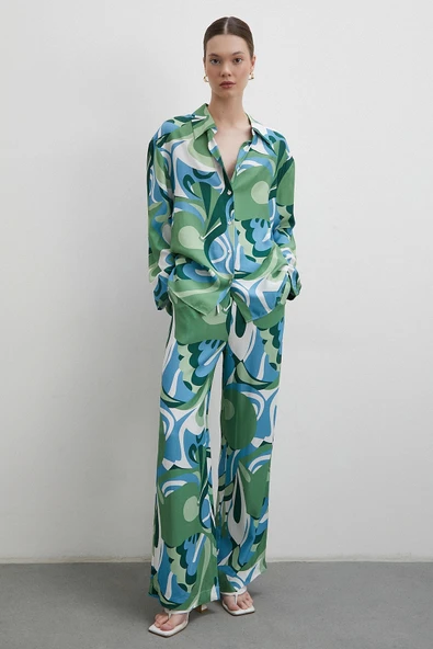 Desenli Viskon Gömlek Yeşil - Resim 4