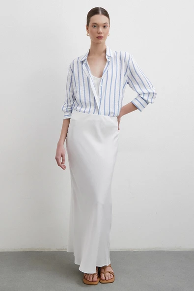 V Yaka Çizgili Modal Gömlek Mavi - Resim 2