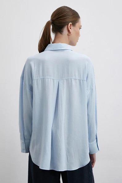 Keten Görünümlüı Linen Prunes Gömlek Mavi - Resim 6