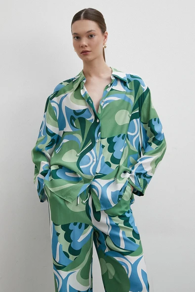 Desenli Viskon Gömlek Yeşil - Resim 2