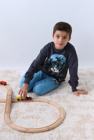 ERKEK ÇOCUK EŞOFMAN TAKIMI PALMİYE BASKILI RİBANALI 4 MEVSİM BİSİKLET YAKA F13 - Resim 7