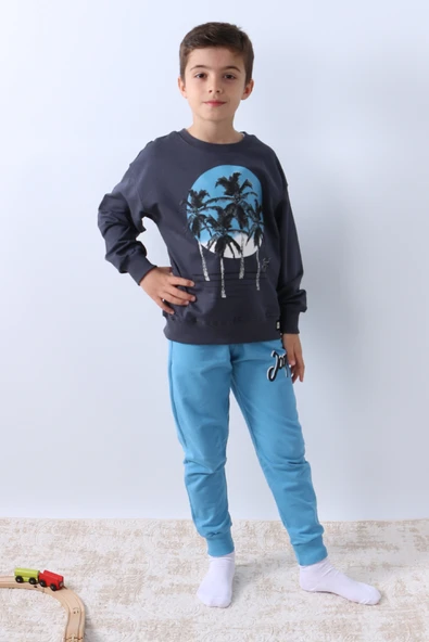 ERKEK ÇOCUK EŞOFMAN TAKIMI PALMİYE BASKILI RİBANALI 4 MEVSİM BİSİKLET YAKA F13 - Resim 6