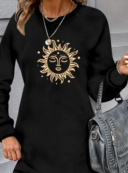 Kadın Uzun Kollu Bisiklet Yaka Güneş Desenli Viskon Iki Iplik Elbise - 2