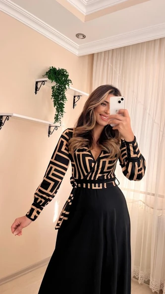 Kadın Uzun Kollu Kruvaze Yaka Dalgıç Krep Midi Boy Elbise - 3