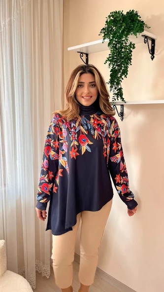 Kadın Uzun Kollu Balıkçı Yaka Asimetrik Kesim Dalgıç Kumaş Bluz - 3