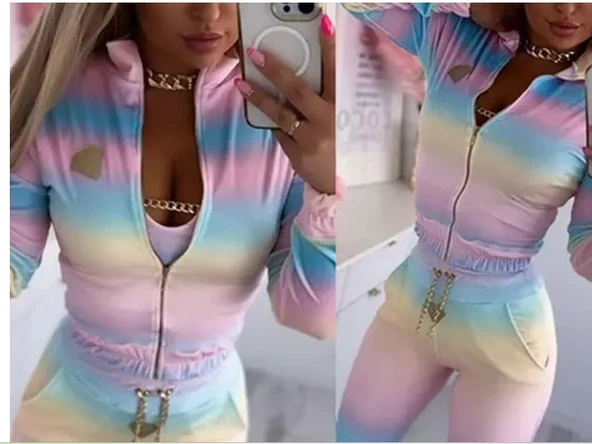 Kadın Uzun Kollu Askılı Yuvarlak Yakalı Krop Bluz, Uzun Kollu önden Fermuarlı Ceket Ve Pantolon Dalgıç üçlü Takım - 7